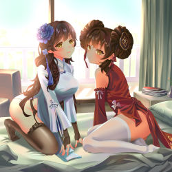 Rule 34 | 2girls, :/, balcony, bare shoulders, black legwear, blue sky, blush, book, book stack, breasts, bridal gauntlets, brown hair, chair, china dress, chinese clothes, curtains, detached sleeves, double bun, dress, expressionless, flower, garter straps, girls&#039; frontline, glass door, gonzz (gon2rix), hair bun, hair flower, hair ornament, head tilt, highres, indoors, kneeling, large breasts, leaning forward, lipstick, looking at viewer, looking back, makeup, multiple girls, no panties, official alternate costume, on bed, pillow, pink lips, railing, sitting, sky, sliding doors, smile, sunlight, thighhighs, type 95 (girls&#039; frontline), type 95 (narcissus) (girls&#039; frontline), type 97 (girls&#039; frontline), type 97 (peony) (girls&#039; frontline), white legwear, yellow eyes, yokozuwari