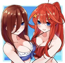 Rule 34 | 2girls, :d, ahoge, alternate costume, armpit crease, bare shoulders, bikini, blue background, blue bikini, blue eyes, blush, breast press, breasts, breasts squeezed together, brown hair, cleavage, collarbone, commentary, eyebrows hidden by hair, framed, frilled bikini, frills, go-toubun no hanayome, hair between eyes, hair down, hair ornament, hair over breasts, hair over one eye, halterneck, highres, large breasts, long hair, looking at viewer, mame1645, multiple girls, nakano itsuki, nakano miku, nervous smile, open mouth, ponytail, red bikini, red hair, seductive smile, siblings, sidelocks, simple background, sisters, smile, star (symbol), star hair ornament, straight-on, sweatdrop, swimsuit, symmetrical docking, twins, upper body, upturned eyes, white background