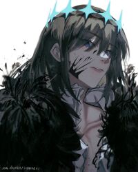 Rule 34 | 1boy, absurdres, arthropod boy, black hair, blood, blood on face, blue eyes, cape, collarbone, collared shirt, crown, diamond hairband, fate/grand order, fate (series), fur-trimmed cape, fur trim, highres, looking at viewer, maidhao, male focus, medium hair, no wings, oberon (fate), oberon (third ascension) (fate), shirt, signature, simple background, solo, upper body, white background, white shirt