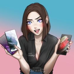Rule 34 | 1girl, blue eyes, blush, breasts, brown hair, cellphone, heart, highres, holding, holding phone, nail polish, olga korezky, phone, samsung, samsung sam, smartphone, solo, source request, upper body
