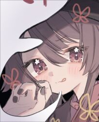 Rule 34 | 1girl, black background, black nails, blush, boo tao (genshin impact), brown eyes, brown hair, bug, butterfly, commentary request, cropped torso, flower in eye, genshin impact, ghost, hair between eyes, highres, hu tao (genshin impact), insect, looking at viewer, roku 6, solo, symbol in eye, tongue, tongue out, upper body