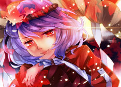 Rule 34 | 1girl, aru16, fingernails, gradient hair, hair ornament, head rest, juliet sleeves, leaf, leaf hair ornament, light particles, light smile, lips, long sleeves, looking at viewer, multicolored hair, nail polish, puffy sleeves, red eyes, rope, shide, shimenawa, short hair, slit pupils, solo, touhou, yasaka kanako