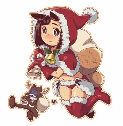 Rule 34 | 1girl, animal costume, animal ears, antlers, bell, black hair, blush, boots, capelet, closed mouth, commentary, deer ears, demon, fake animal ears, fake antlers, fox ears, fox girl, fox tail, full body, fur-trimmed capelet, fur-trimmed hood, fur-trimmed legwear, fur trim, high heel boots, high heels, holding, holding sack, hood, hood up, hooded capelet, horns, kitsune, knee boots, kukuri (mawaru), mawaru (mawaru), nose blush, orange outline, original, outline, purple eyes, red capelet, red footwear, red thighhighs, reindeer antlers, reindeer costume, sack, simple background, symbol-only commentary, tail, thick eyebrows, thighhighs, wavy hair, white background, white outline