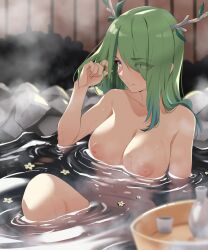 Rule 34 | 1girl, alcohol, antlers, arm up, breasts, bucket, ceres fauna, completely nude, eyes visible through hair, green hair, highres, hololive, hololive english, horns, knee up, large breasts, long hair, looking at viewer, nipples, nude, onsen, parted lips, partially submerged, rock, sake, sitting, smile, solo, steam, sweat, tokkuri, virtual youtuber, water, wooden bucket, wooden wall, yellow eyes, yuyu5x