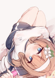 Rule 34 | 1girl, blue archive, blue eyes, blush, closed mouth, e-note, flower, gym uniform, hair flower, hair ornament, hairband, highres, long hair, looking at viewer, lying, mari (blue archive), mari (track) (blue archive), official alternate costume, orange hair, see-through, signature, solo, sweat, wet, wet clothes
