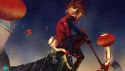 Rule 34 | 1girl, absurdres, akali, artist name, black pants, fingerless gloves, geus (just geus), gloves, hair ornament, highres, holding, holding weapon, jacket, league of legends, long hair, long sleeves, mask, mouth mask, night, outdoors, pants, photoshop (medium), red hair, red jacket, rooftop, shoes, sitting, sky, solo, star (sky), starry sky, weapon, weapon request