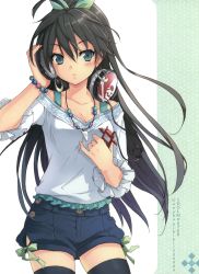Rule 34 | 1girl, absurdres, black hair, black thighhighs, bracelet, breasts, cleavage, cuteg, ganaha hibiki, headphones, highres, idolmaster, idolmaster (classic), jewelry, long hair, necklace, parted lips, shorts, small breasts, solo, thighhighs, zettai ryouiki