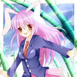 1girl animal_ears bad_id bad_pixiv_id bamboo bamboo_forest blazer rabbit_ears female_focus forest jacket long_hair nature nekosugi_(hoshi) nekosugi_(hoshi) pink_hair purple_hair red_eyes reisen_udongein_inaba solo touhou