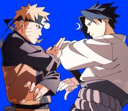 2boys black_hair black_jacket blonde_hair blue_background blue_eyes facial_mark forehead_protector from_side highres jacket japanese_clothes kimono konohagakure_symbol kuji-in looking_at_another multicolored_clothes multicolored_jacket multiple_boys naruto_(series) naruto_shippuuden orange_jacket pnpk_1013 red_eyes short_hair simple_background spiked_hair two-tone_jacket uchiha_sasuke upper_body uzumaki_naruto whisker_markings white_kimono