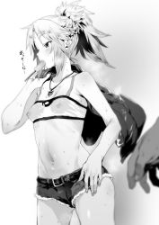 Rule 34 | 1girl, belt, breasts, cutoffs, denim, denim shorts, fate/apocrypha, fate (series), food, greyscale, hot, jacket, jacket over shoulder, unworn jacket, jewelry, midriff, monochrome, mordred (fate), mordred (fate/apocrypha), mordred (memories at trifas) (fate), navel, necklace, nipples, partially visible vulva, pija (pianiishimo), ponytail, popsicle, see-through, shorts, small breasts, sweat