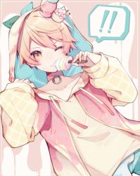 Rule 34 | !, 1boy, border, cake hair ornament, chuuko anpu, collar, commentary request, dripping, food, food-themed hair ornament, food on face, hair ornament, holding, holding food, hood, hood up, hoodie, male focus, one eye closed, orange eyes, orange hair, pastel colors, pink background, pink collar, polka dot, popsicle, project sekai, simple background, solo, speech bubble, spoken exclamation mark, sprinkles, tenma tsukasa, white background, yellow hoodie