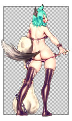 Rule 34 | 1girl, :p, animal ears, ass, boots, breasts, butt crack, chain, character request, checkered background, earrings, elfe (lucent heart), envenomist (gengoroumaru), facial mark, from behind, full body, green hair, highres, jewelry, looking at viewer, looking back, lucent heart, o-ring, o-ring bottom, panties, pink panties, red eyes, sideboob, solo, tail, thigh boots, thighhighs, tongue, tongue out, underwear