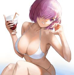Rule 34 | 1girl, absurdres, alternate costume, bare arms, bare shoulders, bikini, breasts, c2h6o, cleavage, collarbone, commentary request, drinking straw, fate/grand order, fate (series), hair over one eye, halterneck, highres, holding, large breasts, light purple hair, looking at viewer, mash kyrielight, navel, pink hair, purple eyes, short hair, simple background, smile, solo, string bikini, swimsuit, white background, white bikini
