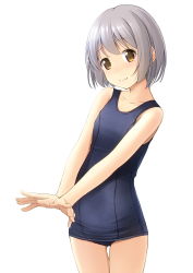 Rule 34 | 1girl, blue one-piece swimsuit, bob cut, brown eyes, cowboy shot, flat chest, highres, old school swimsuit, one-piece swimsuit, original, school swimsuit, shibacha, short hair, silver hair, simple background, solo, swimsuit, thigh gap, white background