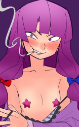 Rule 34 | 1girl, blue bow, blunt bangs, blush, bow, cigarette, clothes pull, commentary, cookie (touhou), dress, dress pull, flat chest, grin, hair bow, long hair, looking at viewer, off shoulder, pasties, patchouli knowledge, purple background, purple dress, purple eyes, red bow, scotch (cookie), sharp teeth, simple background, smile, smoke, smoking, solo, star pasties, taisa (cookie), teeth, touhou, upper body