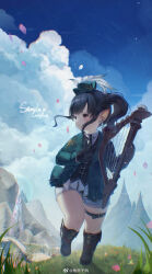 Rule 34 | 1girl, belt, black gloves, black hair, black necktie, black vest, blazer, blue sky, brown eyes, brown footwear, chromatic aberration, closed mouth, cloud, cloudy sky, collared shirt, earrings, falling petals, final fantasy, final fantasy xiv, full body, gloves, grass, green jacket, guippang, hat, hat feather, highres, holding harp, jacket, jewelry, lalafell, long bangs, looking to the side, mini hat, mountainous horizon, necktie, petals, pointy ears, shirt, short hair, shorts, side ponytail, signature, sky, solo, thigh belt, thigh strap, vest, warrior of light (ff14), white shirt, white shorts