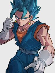 Rule 34 | 1boy, blue eyes, blue hair, commentary request, dougi, dragon ball, dragon ball super, earrings, gloves, jewelry, kemachiku, looking at viewer, male focus, muscular, muscular male, pointy hair, potara earrings, simple background, sleeveless, solo, super saiyan, super saiyan blue, vegetto, white background, white gloves