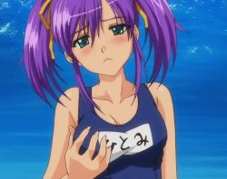 Rule 34 | 1girl, animated, animated gif, aqua eyes, blush, breasts, embarrassed, groping, hair ribbon, hitomi (school i), lowres, ocean, open mouth, purple hair, ribbon, school i, school swimsuit, swimsuit, twintails
