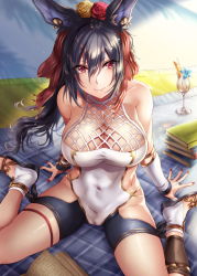 Rule 34 | 1girl, absurdres, animal ears, arm support, black hair, blanket, blush, book, breasts, cleavage, collarbone, covered navel, cup, drinking glass, drinking straw, erune, flower, granblue fantasy, hair between eyes, hair flower, hair ornament, hair ribbon, has bad revision, has downscaled revision, highres, hikari (komitiookami), ilsa (granblue fantasy), large breasts, long hair, looking at viewer, md5 mismatch, nail polish, outdoors, red eyes, red nails, resolution mismatch, revision, ribbon, rose, sitting, smile, solo, source smaller, swimsuit, wariza, wind