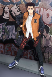 Rule 34 | 1boy, bad id, bad pixiv id, black pants, brown hair, buttons, casual, closed mouth, clothes around waist, clothes writing, collared shirt, dress shirt, earrings, full body, graffiti, hands in pockets, highres, jacket, jewelry, letterman jacket, long sleeves, looking at viewer, male focus, miyagi ryouta, open clothes, open jacket, pants, pompadour, purple-tinted eyewear, purple footwear, road, shirt, shoes, short hair, single earring, slam dunk (series), smile, sneakers, solo, standing, street, suishi666, sunglasses, sweater, sweater around waist, tinted eyewear, white shirt
