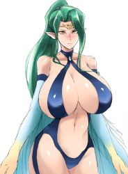 Rule 34 | 1girl, alternate breast size, bare shoulders, bikini, bird wings, blush, breasts, brooch, brown eyes, center opening, circlet, cleavage, cowboy shot, duel monster, female focus, frown, garter straps, green hair, halterneck, harpie queen, harpy, high ponytail, hip focus, huge breasts, jewelry, large breasts, leotard, long hair, looking at viewer, monster girl, navel, nose blush, ogura anko, pointy ears, ponytail, queen, revealing clothes, sideboob, sidelocks, simple background, sketch, slingshot swimsuit, solo, standing, swimsuit, turtleneck, very long hair, white background, winged arms, wings, yellow eyes, yu-gi-oh!