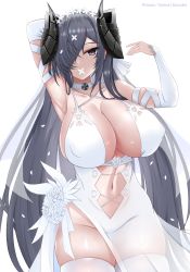 Rule 34 | 1girl, alternate costume, arm behind head, arm up, armpits, august von parseval (azur lane), azur lane, black horns, breasts, center opening, cleavage, clothing cutout, covered erect nipples, curled horns, detached sleeves, dress, dress flower, flower, hair over one eye, highres, horns, huge breasts, kuroakei, long hair, mechanical horns, no panties, purple eyes, purple hair, see-through, see-through dress, simple background, solo, stomach cutout, thighhighs, very long hair, wedding dress, white background, white dress, white flower, white thighhighs