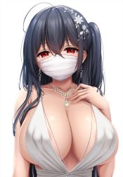 Rule 34 | 1girl, areola slip, azur lane, backless dress, backless outfit, bad id, bad pixiv id, bare shoulders, black hair, blush, breasts, center opening, cleavage, cocktail dress, covered erect nipples, dress, earrings, evening gown, hair between eyes, hair ornament, highres, huge breasts, jewelry, looking at viewer, mask, mouth mask, necklace, official alternate costume, plunging neckline, red eyes, simple background, sleeveless, sleeveless dress, solo, taihou (azur lane), taihou (temptation on the sea breeze) (azur lane), tapisuke, upper body, white background, white dress