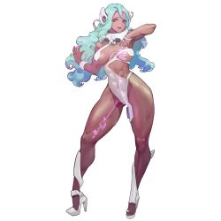 Rule 34 | 1girl, abs, blue hair, bodysuit, breasts, covered navel, dark-skinned female, dark skin, drill hair, full body, game cg, hair between eyes, high heels, highres, holographic clothing, holographic interface, holographic touchscreen, last origin, light blue hair, long hair, looking at viewer, mechanical parts, muscular, muscular female, official art, open mouth, orange eyes, rorobomb, scathy, smile, solo, tachi-e, transparent background, wavy hair
