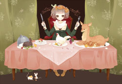 Rule 34 | 1girl, :q, bird, bow, bread, brown eyes, brown hair, chick, chicken, double bun, dress, egg, fawn, food, fork, french text, fruit, glass, grapes, hair bow, hair bun, ichiko (vein), knife, licking lips, mouse (animal), mushroom, napkin, original, plate, rabbit, radish, solo, table, tablecloth, tongue, tongue out, tray