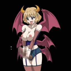 Rule 34 | 1futa, animated, animated gif, breasts, censored, corset, cum, demon, demon girl, futanari, horns, large breasts, low wings, lowres, masturbation, mosaic censoring, naughty face, nipples, penis, pointy ears, slave quest, solo, thighhighs, wild flower, wings