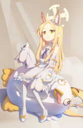Rule 34 | 1girl, :o, animal ear fluff, animal ears, bird, blonde hair, blue archive, bow, detached sleeves, dress, flower, forehead, fox ears, full body, hair flower, hair ornament, halo, kawaseki, long-tailed tit, long hair, necktie, parted bangs, peroro (blue archive), seia (blue archive), short necktie, sitting, sleeves past fingers, sleeves past wrists, solo, tail, tail bow, tail ornament, tit (bird), white dress, yellow eyes, yellow halo
