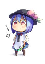 Rule 34 | &gt;:), 1girl, alternate hair length, alternate hairstyle, bad id, bad pixiv id, blue hair, blush stickers, boots, bow, chibi, female focus, food, fruit, hands on own hips, hat, hinanawi tenshi, leaf, peach, puffy sleeves, red eyes, shindou kamichi, short hair, short sleeves, simple background, smile, solo, standing, thigh boots, thighhighs, touhou, v-shaped eyebrows, white background