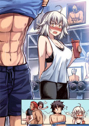 Rule 34 | 1girl, 4boys, abs, alexander (fate), archer (fate), beard, black hair, breasts, carrying, carrying over shoulder, clothes lift, commentary, dumbbell, facial hair, fate/grand order, fate (series), flustered, fujimaru ritsuka (male), gym, gym shorts, hetero, iskandar (fate), jeanne d&#039;arc (fate), jeanne d&#039;arc alter (avenger) (fate), jeanne d&#039;arc alter (fate), large breasts, leonidas (fate), manly, mirror, multiple boys, muscular, peach88, pectorals, red hair, shirt lift, short hair, shorts, sports bra, sportswear, tank top, topless male, tsurime, undressing, waver velvet, white hair, yellow eyes