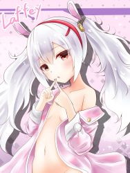 Rule 34 | 1girl, animal ears, azur lane, breasts, brown eyes, character name, cleavage, commentary request, fake animal ears, flat chest, groin, hairband, head tilt, highres, index finger raised, jacket, laffey (azur lane), long hair, looking at viewer, navel, parted lips, renka (cloudsaikou), solo, white hair