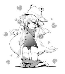 Rule 34 | 1girl, blush, breasts, clothes pull, commentary request, covered navel, frog, full body, greyscale, hair ribbon, hand up, hat, kneeling, lifting own clothes, long hair, long sleeves, looking at viewer, monochrome, moriya suwako, ribbon, school swimsuit, sidelocks, simple background, skirt, skirt pull, small breasts, smile, solo, swimsuit, tanasuke, thighhighs, tongue, tongue out, touhou, tress ribbon, vest lift, white background, wide sleeves