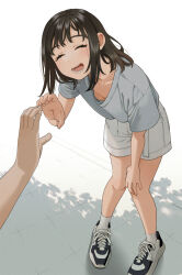 Rule 34 | 1girl, 1other, black footwear, bra, bra peek, breasts, brown hair, closed eyes, collarbone, day, grey shirt, hand on own knee, heart, heart hands, heart hands duo, knees together feet apart, leaning forward, mattaku mousuke, medium hair, open mouth, original, out of frame, outdoors, ribbed socks, shadow, shirt, shoes, short sleeves, shorts, sidelocks, small breasts, sneakers, socks, standing, teeth, thighs, two-tone footwear, underwear, white footwear, white shorts, white socks