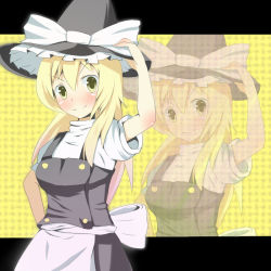 Rule 34 | 1girl, abe (roiz), bad id, bad pixiv id, blonde hair, blush, female focus, hand on headwear, hat, kirisame marisa, solo, tanishi, touhou, witch, witch hat, yellow eyes, zoom layer