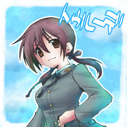 Rule 34 | 00s, 1girl, border, brown eyes, brown hair, buttons, coat, gertrud barkhorn, kajikawa yahiro, long sleeves, looking at viewer, low twintails, lowres, short hair, solo, strike witches, text focus, translated, twintails, uniform, world witches series