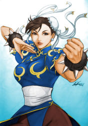 Rule 34 | 1girl, air-hammer, bracelet, brown eyes, brown hair, bun cover, canadian bacon, capcom, china dress, chinese clothes, chun-li, double bun, dress, earrings, fighting stance, hair bun, highres, jewelry, pantyhose, pelvic curtain, solo, spiked bracelet, spikes, street fighter, tixie lix
