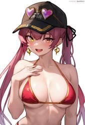 Rule 34 | 1girl, arrow through heart, bare shoulders, baseball cap, bikini, black hat, black ribbon, bluefield, breasts, earrings, eyewear on headwear, hair ribbon, halterneck, hand on own chest, hat, heart, heart-shaped eyewear, heart earrings, heterochromia, highres, hololive, houshou marine, houshou marine (summer), jewelry, large breasts, long hair, looking at viewer, official alternate costume, open mouth, patreon username, red bikini, red eyes, red hair, ribbon, simple background, smile, solo, sunglasses, swimsuit, teeth, twintails, upper body, upper teeth only, very long hair, virtual youtuber, white background, yellow eyes