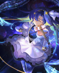 Rule 34 | 1girl, absurdres, blue hair, bow (music), closed eyes, commentary, english commentary, gloves, hair ornament, highres, holding, holding bow (music), holding instrument, holding violin, instrument, music, musical note, nadenadesuki, planet, playing instrument, reverse:1999, skirt, smile, star (sky), star (symbol), star hair ornament, treble clef, twitter username, violin, voyager (reverse:1999), white gloves