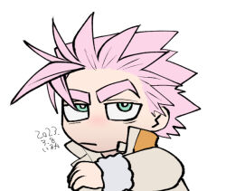Rule 34 | 1boy, bored, chibi, dated, deruha (this communication), huge eyebrows, looking at viewer, male focus, pink hair, raised eyebrow, short hair, solo, spiked hair, this communication, umedairuka, upper body