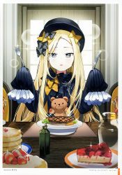 Rule 34 | 1girl, abigail williams (fate), absurdres, black bow, black dress, black hat, blonde hair, blue eyes, blush, bow, cake, cake slice, chair, cheesecake, day, dress, fate/grand order, fate (series), food, forehead, fork, fruit, hair bow, hands up, hat, highres, holding, holding fork, holding knife, indoors, knife, long hair, long sleeves, mini hat, multiple hair bows, on chair, orange bow, pancake, pancake stack, parted bangs, parted lips, polka dot, polka dot bow, popuru, sitting, sleeves past fingers, sleeves past wrists, solo, sparkle, steak, strawberry, stuffed animal, stuffed toy, sunlight, table, teddy bear, very long hair, window