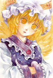 Rule 34 | 1girl, bad id, bad pixiv id, blonde hair, colored eyelashes, female focus, hands in opposite sleeves, hat, painting (medium), shiroma (mamiko), short hair, solo, touhou, traditional media, upper body, watercolor (medium), white background, yakumo ran, yellow eyes