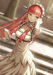 Rule 34 | 1girl, blunt bangs, blurry, blurry background, building, commentary request, dress, eyelashes, fagi (kakikaki), frilled dress, frills, hairband, highres, holding, holding notebook, lolita fashion, lolita hairband, long hair, notebook, parted lips, persona, persona 3, red hair, standing, teeth, tree, white dress, window, yoshino chidori