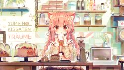 Rule 34 | 1girl, :o, animal ear fluff, animal ears, apron, beige shirt, black skirt, blush, book, bottle, braid, brown eyes, cake, cat ears, commentary request, counter, cup, food, frilled apron, frills, fruit, hair between eyes, hand up, highres, holding, holding cup, indoors, jar, long braid, long hair, long sleeves, looking at viewer, low twintails, mug, open mouth, original, pink hair, sailor collar, shelf, shirt, shnva, skirt, solo, strawberry, striped clothes, striped shirt, teapot, twin braids, twintails, upper body, vertical-striped clothes, vertical-striped shirt, waist apron, white apron, white sailor collar