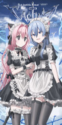 Rule 34 | 2girls, :d, apron, bell, black bow, black choker, black dress, black necktie, blue eyes, blue hair, blue sky, bow, braid, center frills, chihuri, choker, closed mouth, cloud, cloudy sky, collared dress, commentary request, cross, cross earrings, day, dress, earrings, ende (chihuri), frilled apron, frilled choker, frilled dress, frilled thighhighs, frills, garter straps, grey thighhighs, hair between eyes, hair bow, hair intakes, highres, jewelry, jingle bell, latin cross, long hair, maid, maid headdress, multiple girls, nea (chihuri), neck bell, necktie, open mouth, original, outdoors, pink hair, puffy short sleeves, puffy sleeves, purple eyes, short sleeves, sky, smile, thighhighs, very long hair, white apron, wrist cuffs
