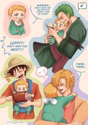Rule 34 | 4boys, apron, baby, black hair, blonde hair, blue eyes, closed eyes, english text, facial hair, family, father and son, flamingopinkart, food, green hair, hat, highres, if they mated, japanese clothes, kimono, male focus, meat, monkey d. luffy, multiple boys, one piece, roronoa zoro, sanji (one piece), scar, shirt, smile, straw hat, yaoi