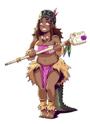 Rule 34 | 1girl, bandeau, bare shoulders, barefoot, belly, black hat, breasts, brown hair, bunny and fox world, cleavage, commentary, crocodilian tail, d-rex, dark skin, earrings, feathers, full body, fur, fur trim, grin, hat, highres, holding, holding staff, jewelry, large breasts, long hair, looking at viewer, midriff, navel, necklace, original, pelvic curtain, pink bandeau, pink feathers, plump, pointy ears, shaman, simple background, smile, solo, staff, standing, tail, teeth, tribal, white background, white bandeau, yellow eyes