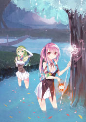 Rule 34 | 2girls, absurdres, book, breasts, cleavage, elbow gloves, fingerless gloves, flower, gloves, green eyes, green hair, highres, holding, in water, lantern, long hair, medium breasts, multiple girls, open mouth, original, outdoors, petals, pink eyes, pink hair, side ponytail, staff, tika (mika4975), tree, wading, water, white gloves